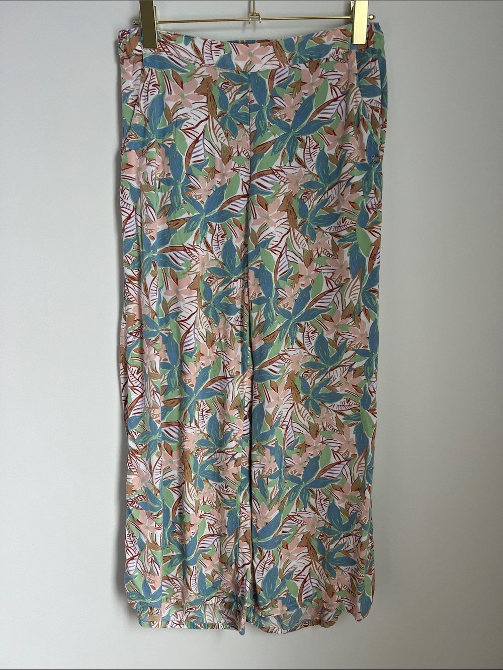 Roxy | Tropical Leaf Print Maxi Skirt - Peach, Teal & Green Beach Flowy Size M